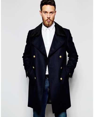 Heart & Dagger Wool Double Breasted Overcoat With Gold Buttons - Black