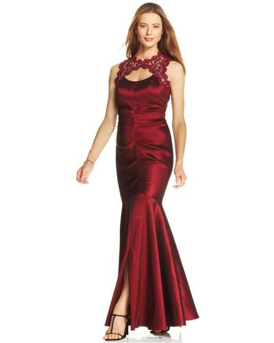 Xscape Sleeveless Glitter Lace Mermaid Gown - Red