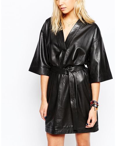 Just Female Tick Leather Kimono Dress In Black