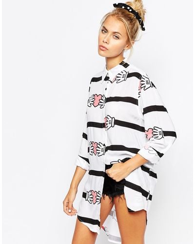Lazy Oaf Oversized Shirt With Heart Hand Stripe Print - White