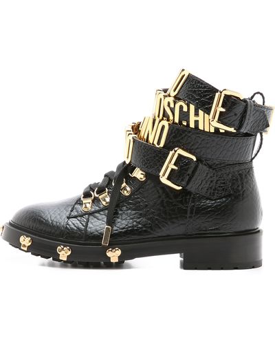 Moschino Ankle-Strap Leather Combat Boots - Black