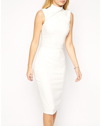 ASOS Pencil Dress With Clean Drape High Neck - White