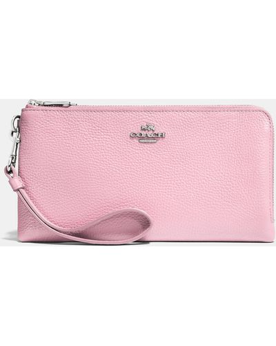 COACH Double Zip Wallet In Pebble Leather - Pink