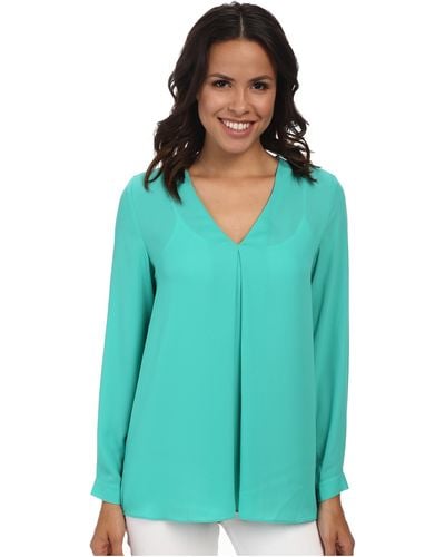 Vince Camuto Long Sleeve V-Neck Blouse W/ Inverted Front Pleat - Blue