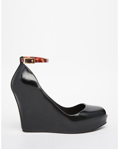 Melissa Patchuli Peep Toe Wedge Shoes - Black