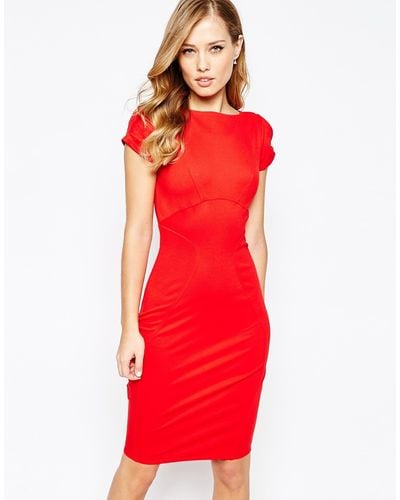 Closet Wardrobe Pencil Dress With Ruched Cap Sleeve - Red