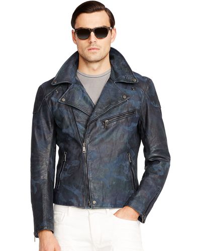 Ralph Lauren Camo Leather Biker Jacket - Blue