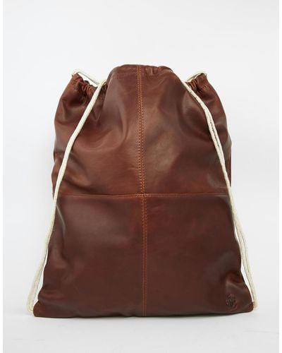 Lyle & Scott Leather Drawstring Backpack - Brown