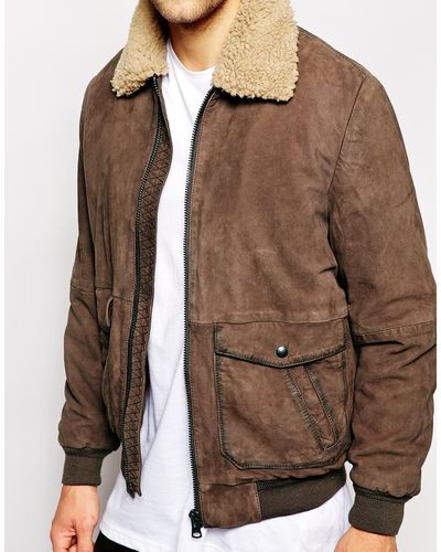 Wrangler Leather Bomber Jacket Sherpa Collar - Brown