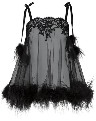 Agent Provocateur Karlotta Feather-trimmed Leavers Lace And Tulle Chemise - Black