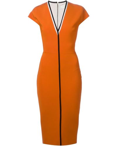 Victoria Beckham Contrast Trim V-Neck Dress - Orange
