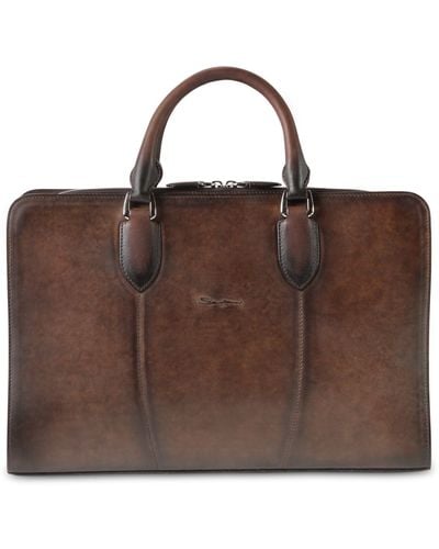 Santoni Handpainted Leather Slim Briefcase - Brown