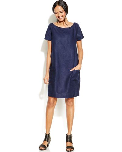 Eileen Fisher Short-Sleeve Linen Shift Dress - Blue