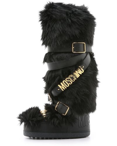 Moschino Logo-Strap Faux-Fur Snow Boots - Black