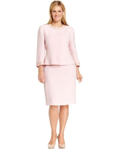 Tahari By Asl Plus Size Collarless Beaded Skirt Suit - Pink