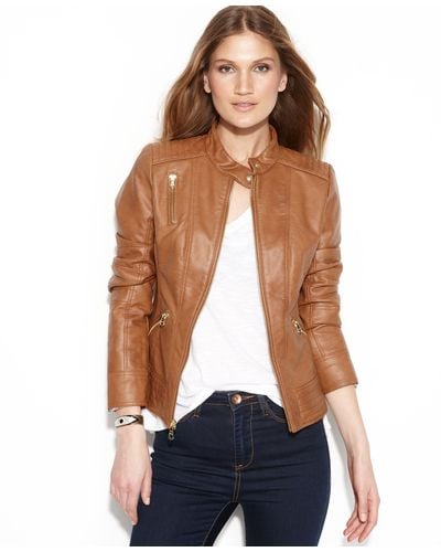Guess Quilteddetail Fauxleather Jacket - Brown