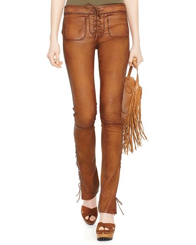 Ralph Lauren Lace-Up Stretch-Leather Pant - Brown