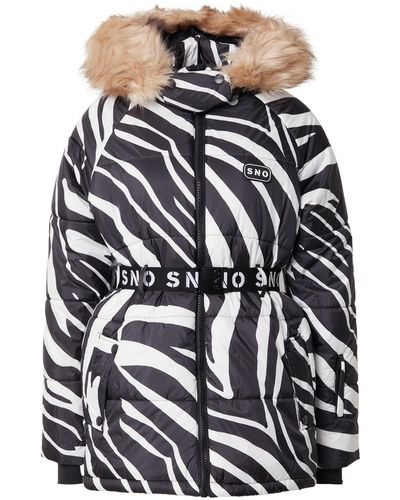 TOPSHOP – sno – skijacke mit zebraprint, gürtel und kapuze mit kunstpelzbesatz - Weiß