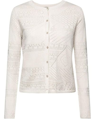 Esprit Strickjacke Cardigan aus Leinenmix im Pointelle-Design (1-tlg) - Weiß