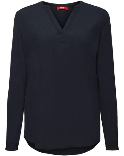 Esprit Langarmbluse Basic-Bluse mit V-Ausschnitt - Blau