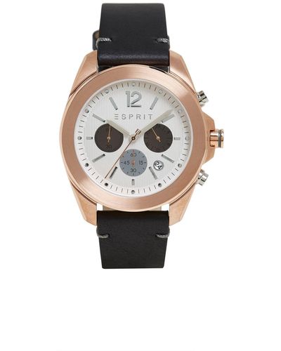 Esprit Edelstahl-Uhr mit Leder-Armband - Schwarz
