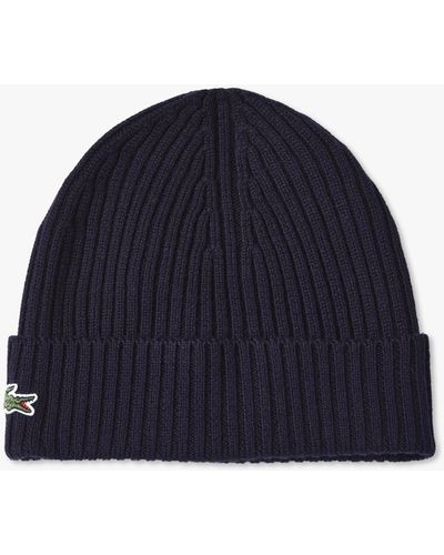 Lacoste Ribbed Knit Beanie Hat - Blue