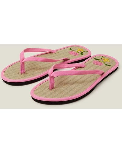 Accessorize Women's Floral Embroidered Seagrass Flip Flops Pink