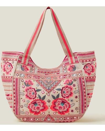 Accessorize Red Embroidered Floral Tote Bag - Pink