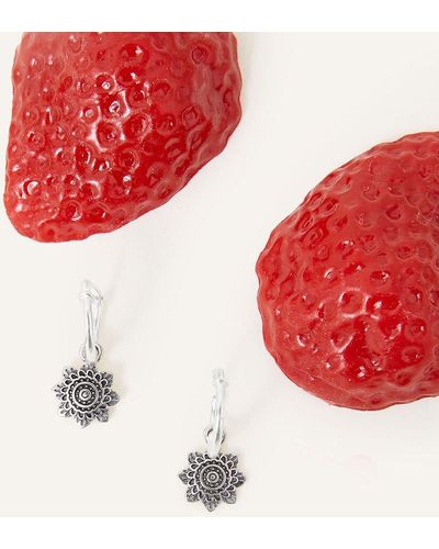 Accessorize Women's Sterling Silver Flower Charm Hoop Earrings - Red