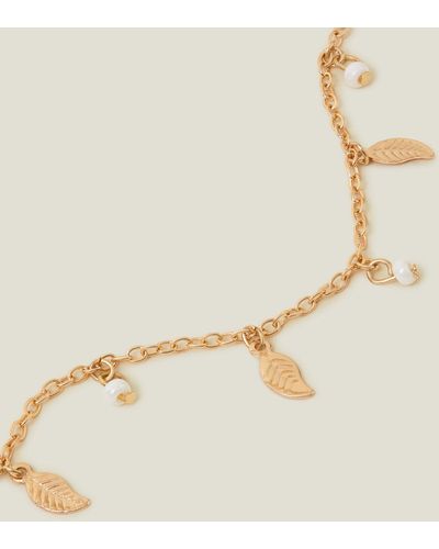 Accessorize Gold Leaf And Pearl Station Anklet - Natural
