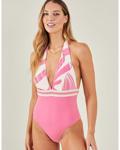 Accessorize Contrast Print Halter Neck Swimsuit Pink