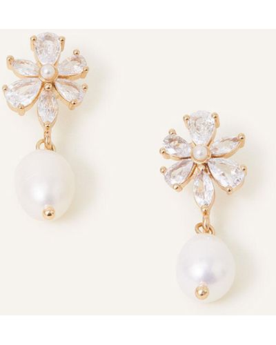 Accessorize Women's Gold And White Brass Crystal Flower Pearl Drop Earrings - Natural