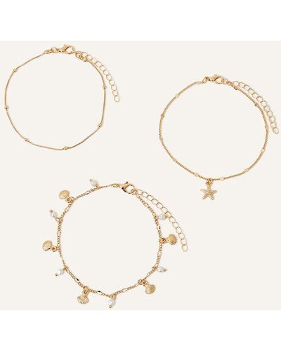 Accessorize Women's Gold Brass Shell And Starfish Anklets Set Of Three - Natural