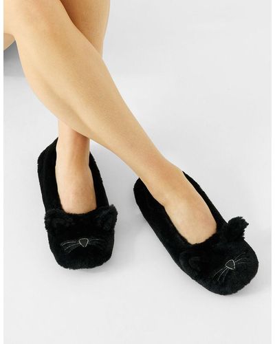 Accessorize Furry Cat Ballerina Slippers Black