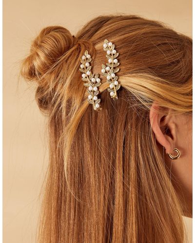Accessorize Women's Gold And White Embellished Pearl Leaf Hair Clips Set Of Two - Brown