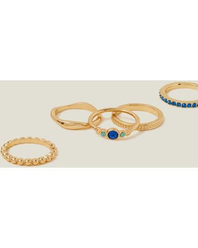 Accessorize Women's Blue 5 Pack Of Gem Band Rings - Metallic