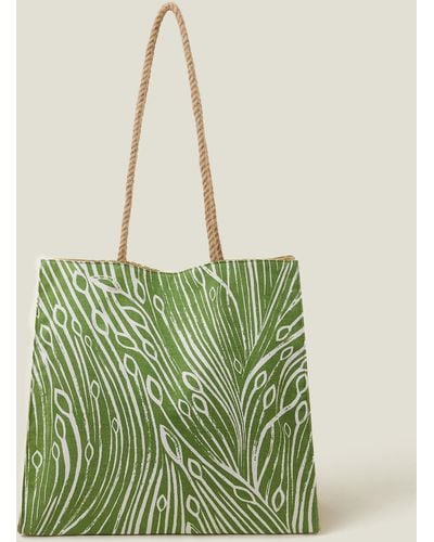 Accessorize Women's Green/white Leaf Print Jute Shopper Bag