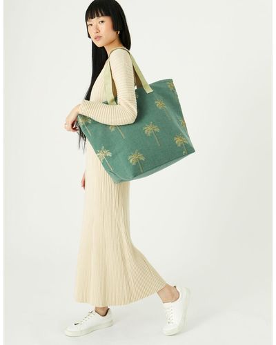 Accessorize Ladies Green And Yellow Embroidered Cotton Paradise Palm Tote Bag