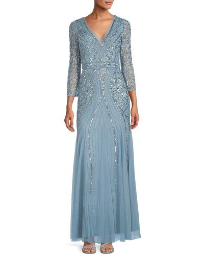 Adrianna Papell V Neck Embellished Long Formal Gown - Blue