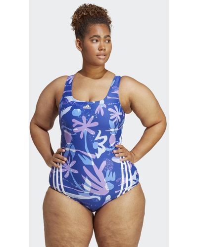 adidas Floral 3-Streifen Badeanzug – Große Größen - Blau
