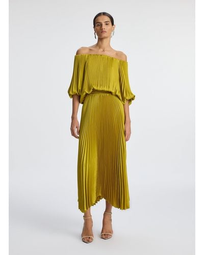 A.L.C. Sienna Satin Pleated Off Shoulder Dress - Yellow