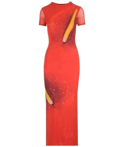 Loewe Anthurium Floral-print Stretch-mesh Maxi Dress - Red