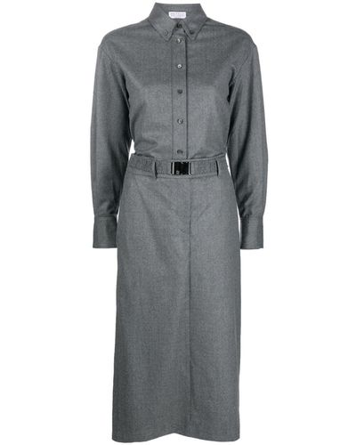 Brunello Cucinelli Belted Shirt Midi Dress - Gray