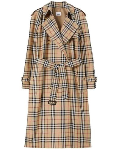 Burberry Long Check Gabardine Trench Coat - Natural