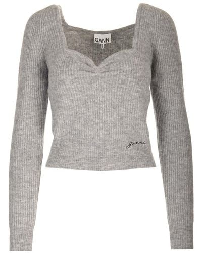 Ganni Sweater With Sweetheart Neckline - Grey