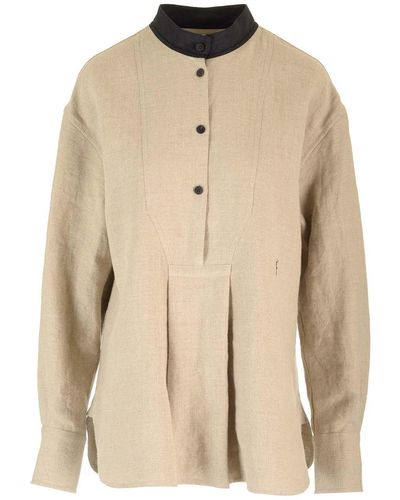 Ferragamo Linen Top With A Stand-Up Collar - Natural