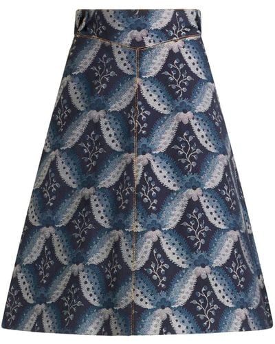 Etro Floral-embroidery Jacquard Denim Skirt - Blue