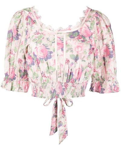 LoveShackFancy Floral-print Cropped Cotton Blouse - Pink