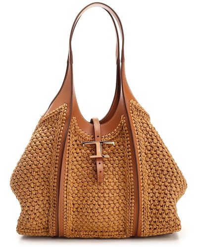 Tod's Medium T Timeless Tote Bag In Raffia And Leather - Brown