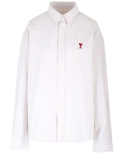 Ami Paris Pinstripe Shirt With Embroidered Logo - White